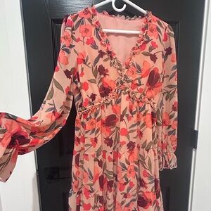 Amazon Floral Long Sleeve Dress - Red and Cream